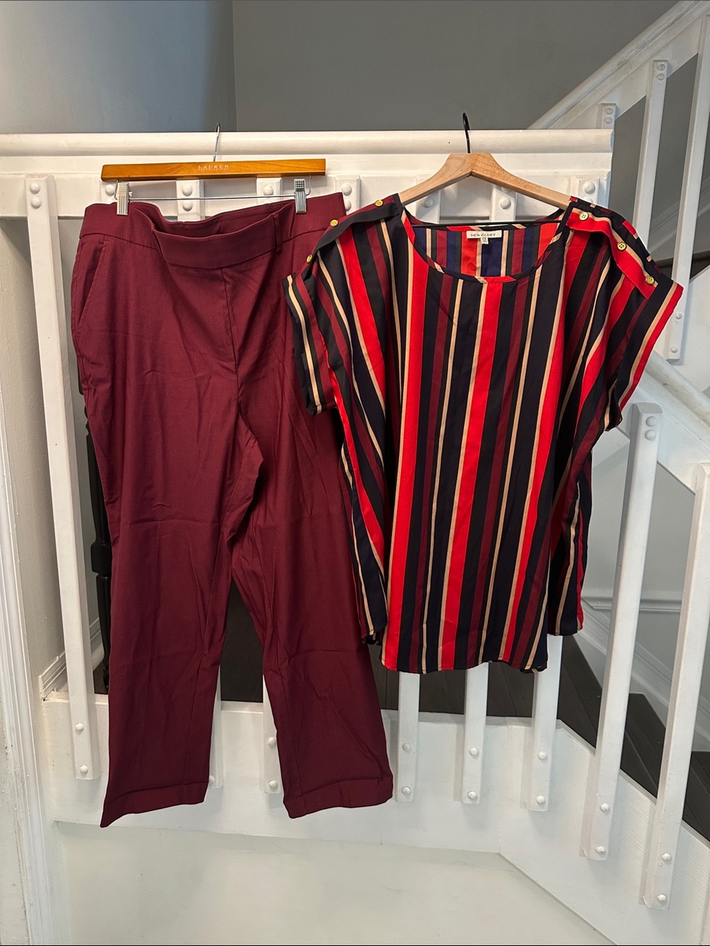 Burgundy Straight-Leg Pants with Red & Navy Striped Blouse